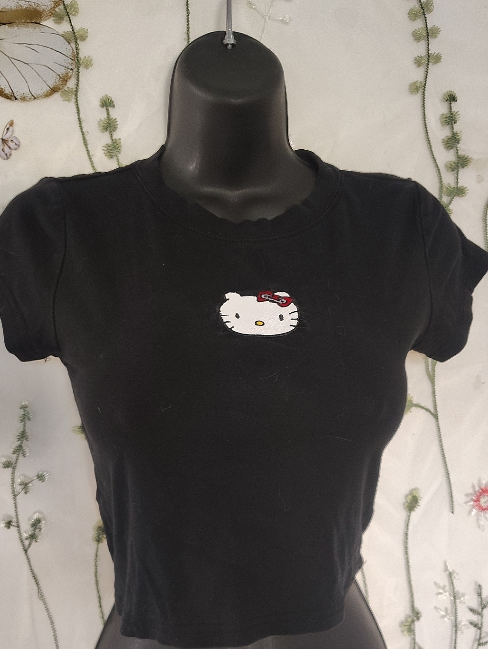Hello Kitty Black Crop Top  White Embroidered Face , Red Bow Classic Doll Kill